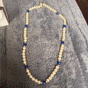 ✨ Elegant Pearl & Sapphire Blue Beaded Necklace ✨